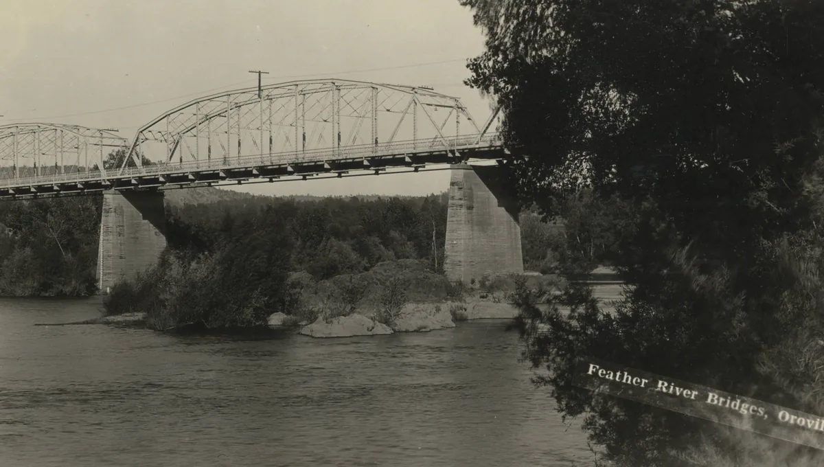 A historic view of the steel bridges spanning the Feather River at Oroville